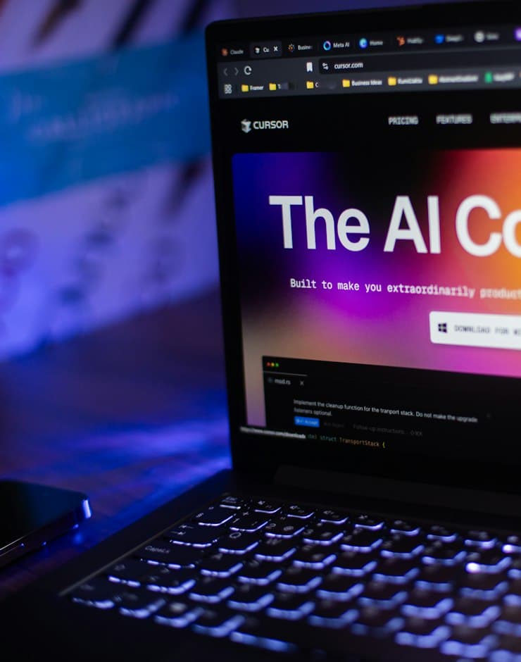 A laptop showing the Cursor AI code editor, with Claude open in a browser tab